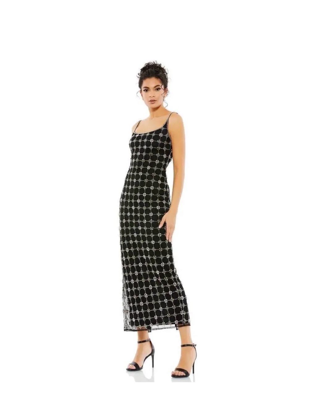 Mac Duggal Black Maxi Dress with Silver Beaded Grid